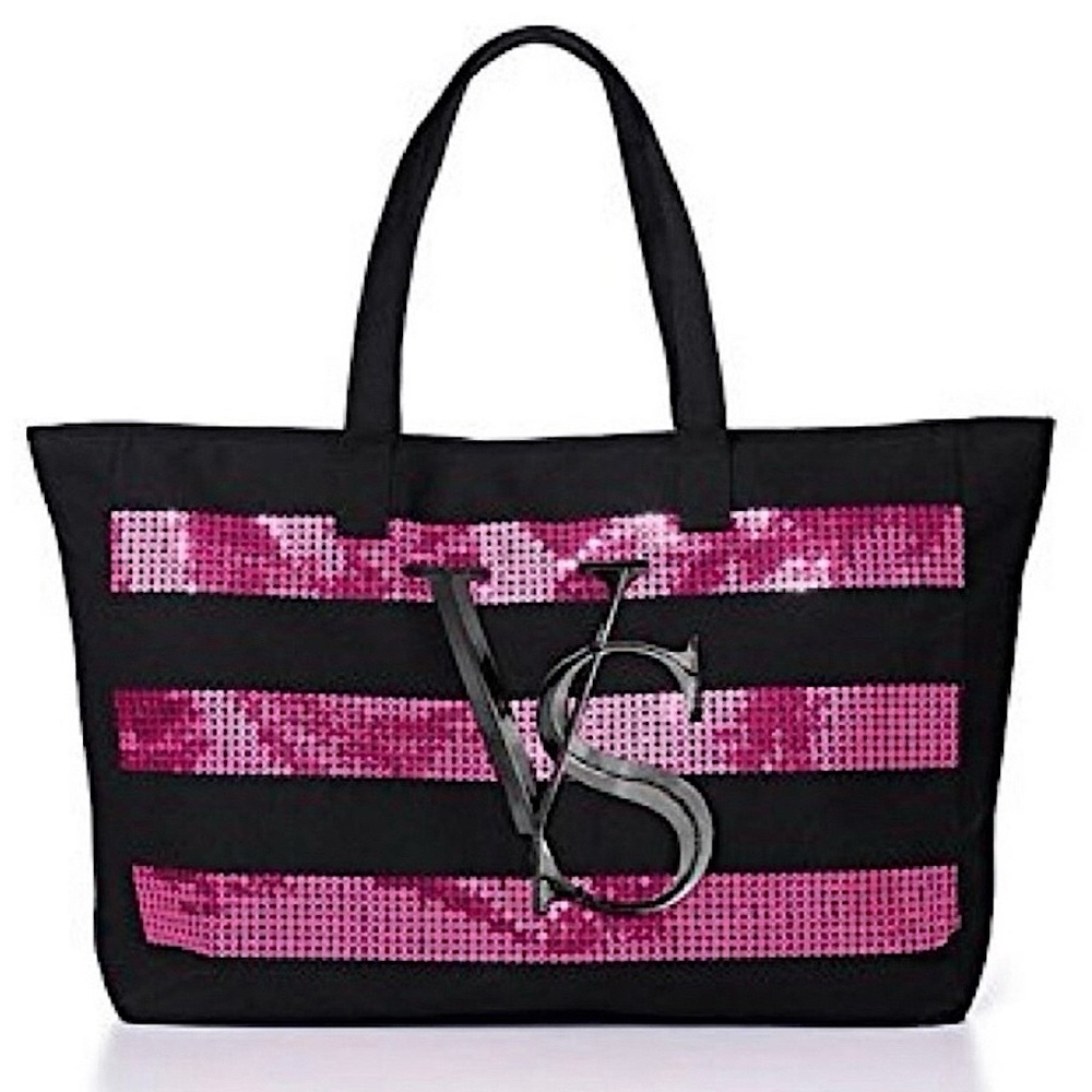 NWT Victoria’s Secret Large Black Canvas Tote w/ Pink Sequins
